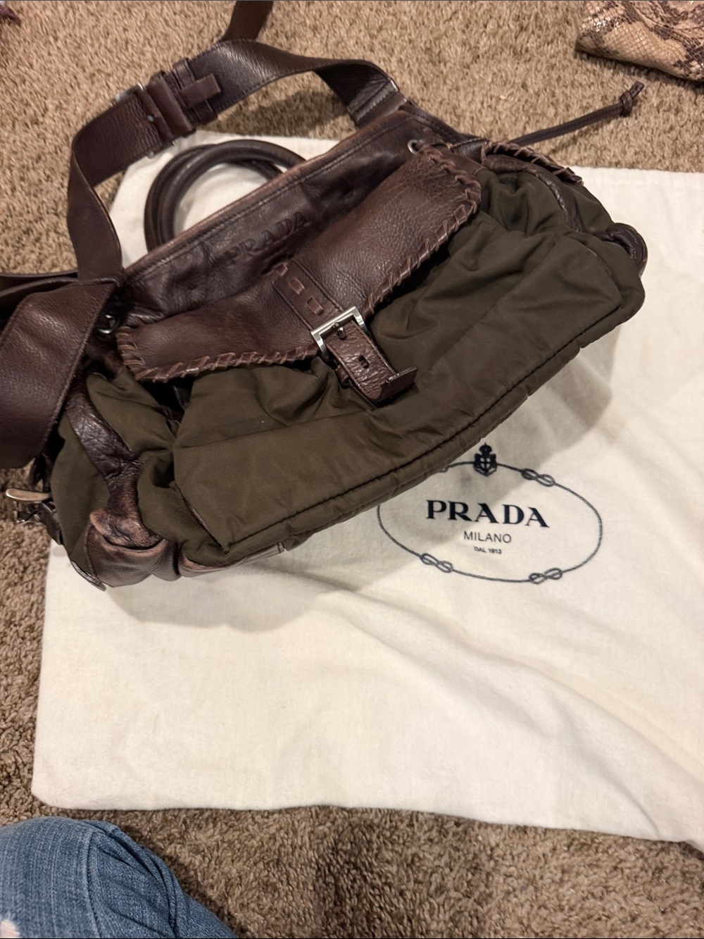 Prada Brown Leather & Olive Nylon Satchel with Shoulder Strap - Picture 5 of 5